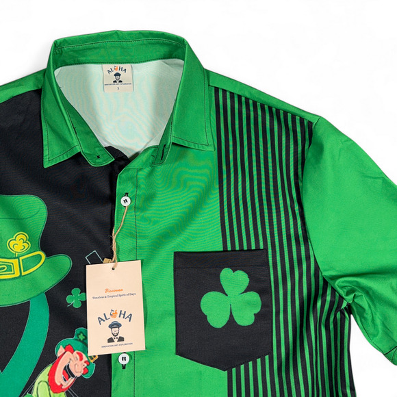 St Patricks Day Shirt Adult SMALL Green Black Aloha Hawaiian Holiday Leprechaun - Picture 2 of 7